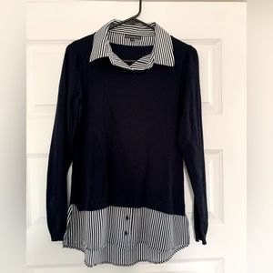 Navy sweater and strip collared shirt